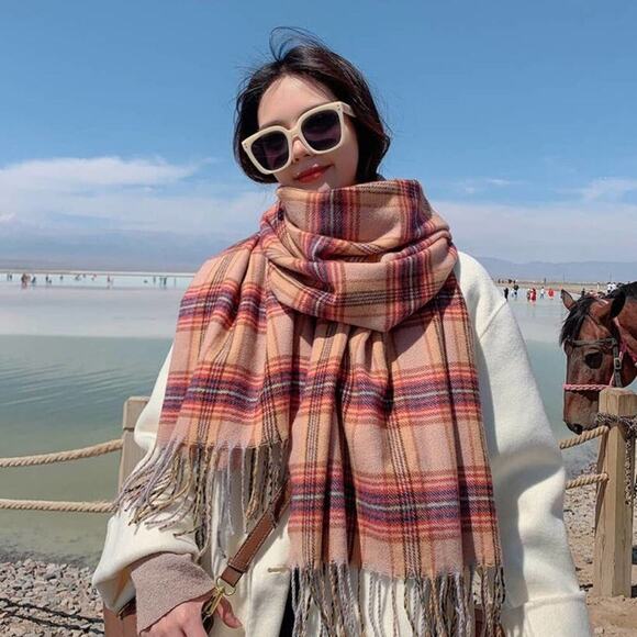 2/$24 NEW Cozy Oversized Plaid Blanket Scarf Pink Tan - Picture 1 of 10